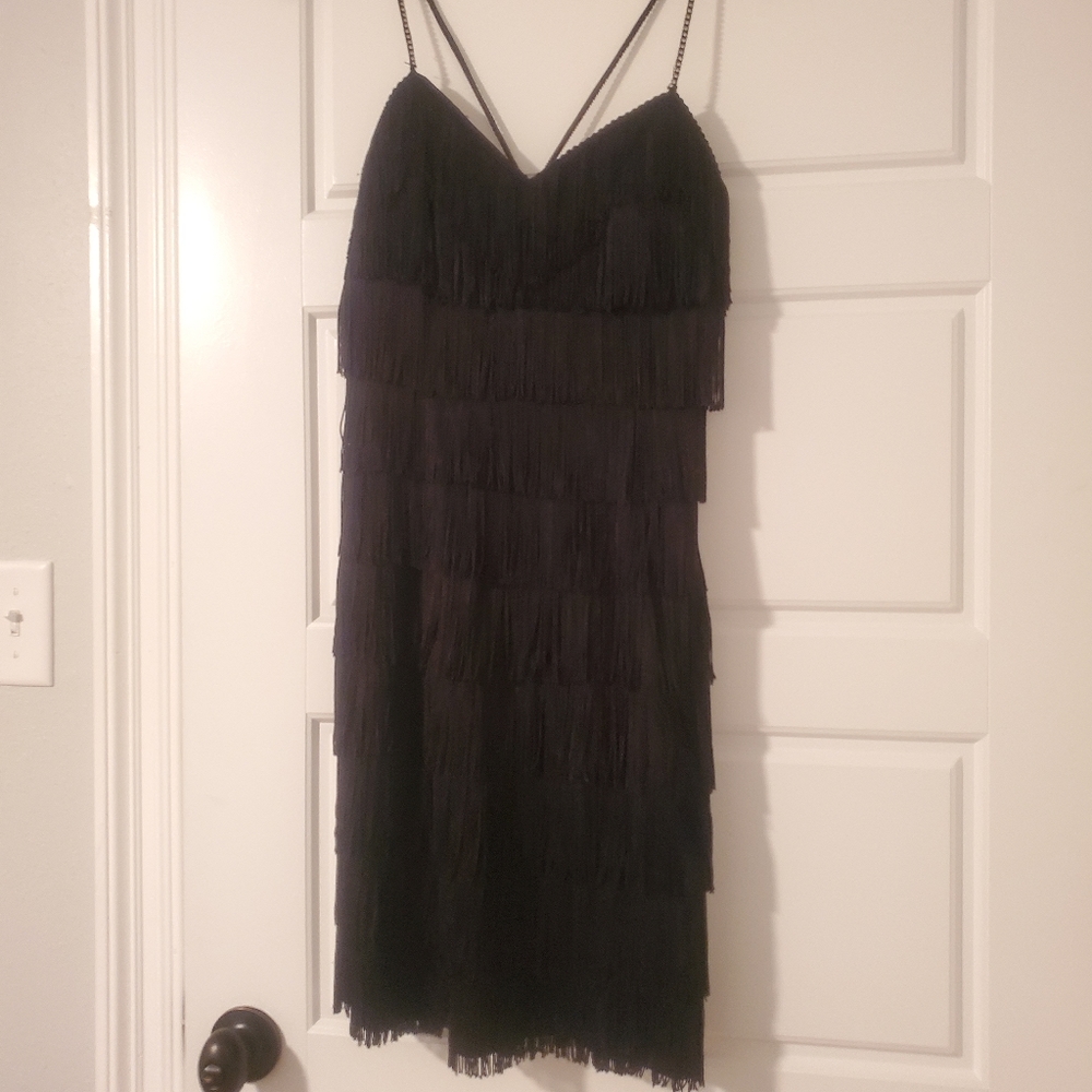 Black Fringe Dress with Beaded Straps - Size 7/8